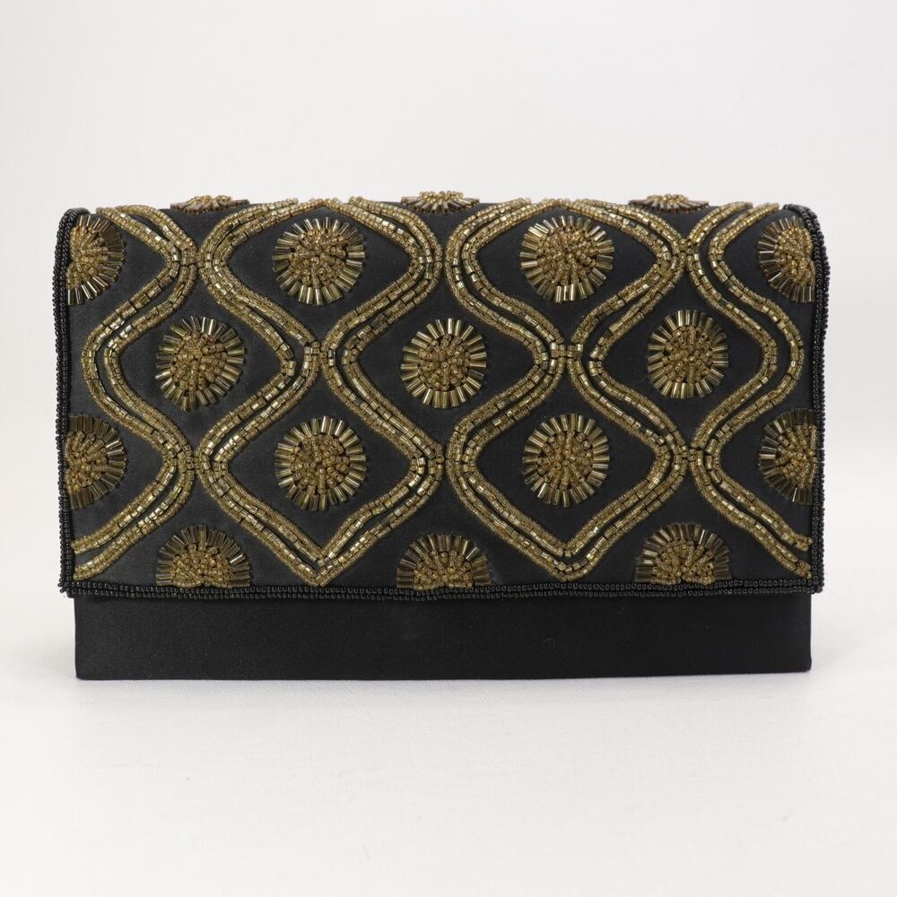 Vtg Courtenay Crossbody Handbag Black Satin Gold Beaded Star Motif Clutch Bag